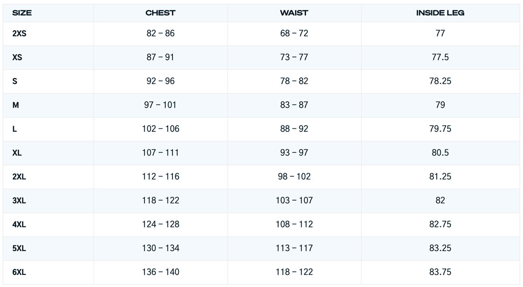 LINE 7 Storm Armour10 Men Size Guide CMS